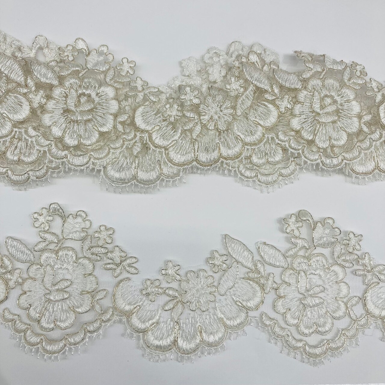 1 Yard Corded Lace Trimming on Net Mesh | 3.5" Wide | Handmade Embroidered Trim for Dresses & Costumes